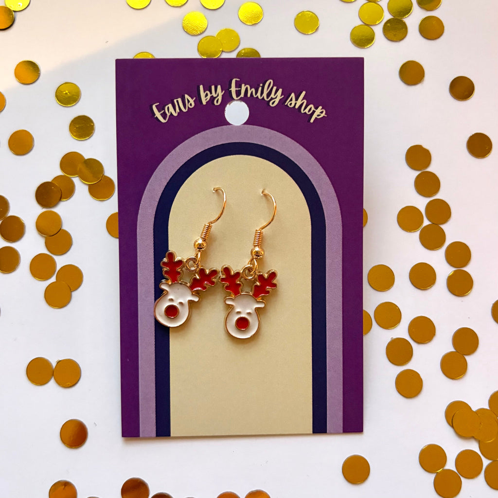 White and red reindeer gold dangle christmas earrings