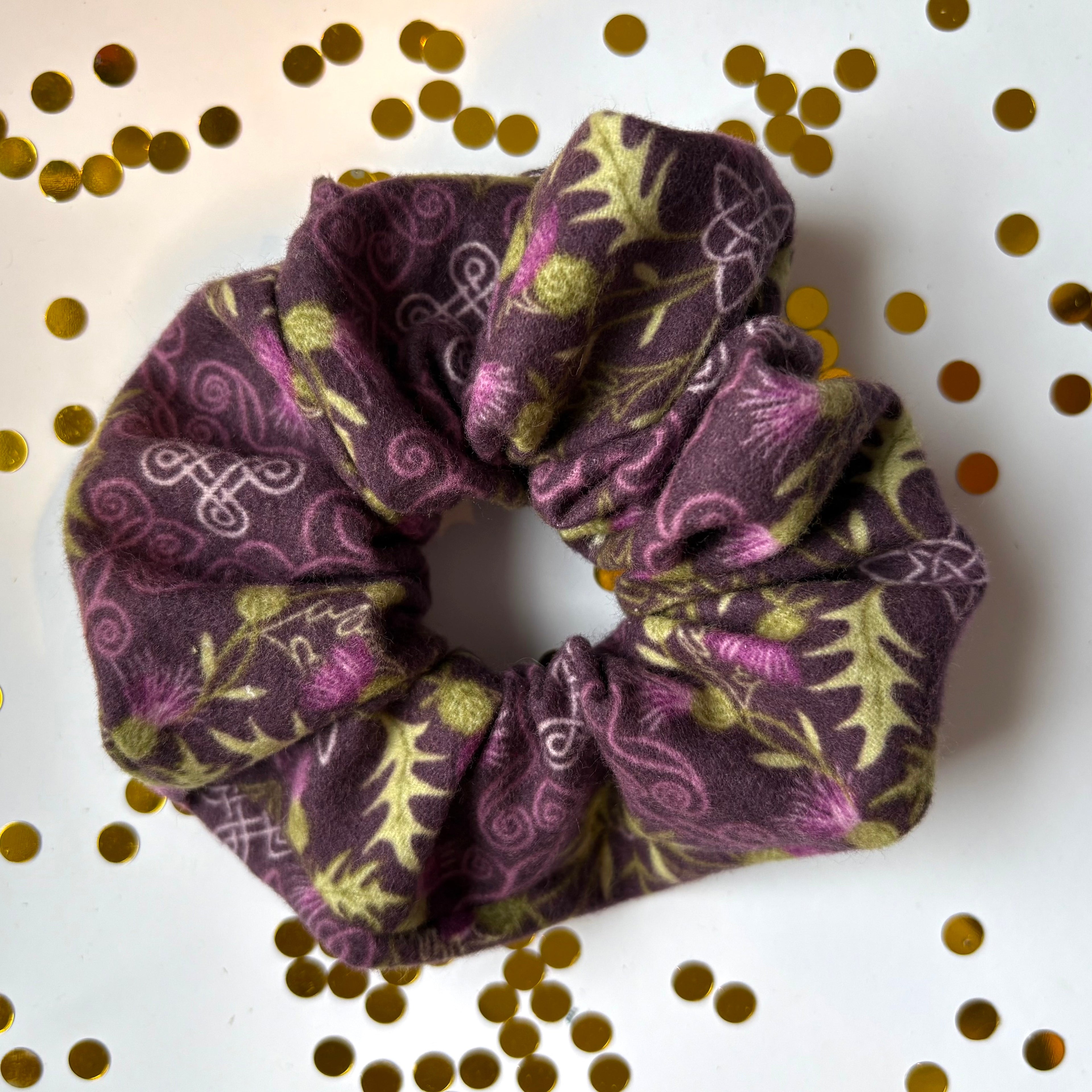 Handmade big Purple brushed cotton thistle scrunchie