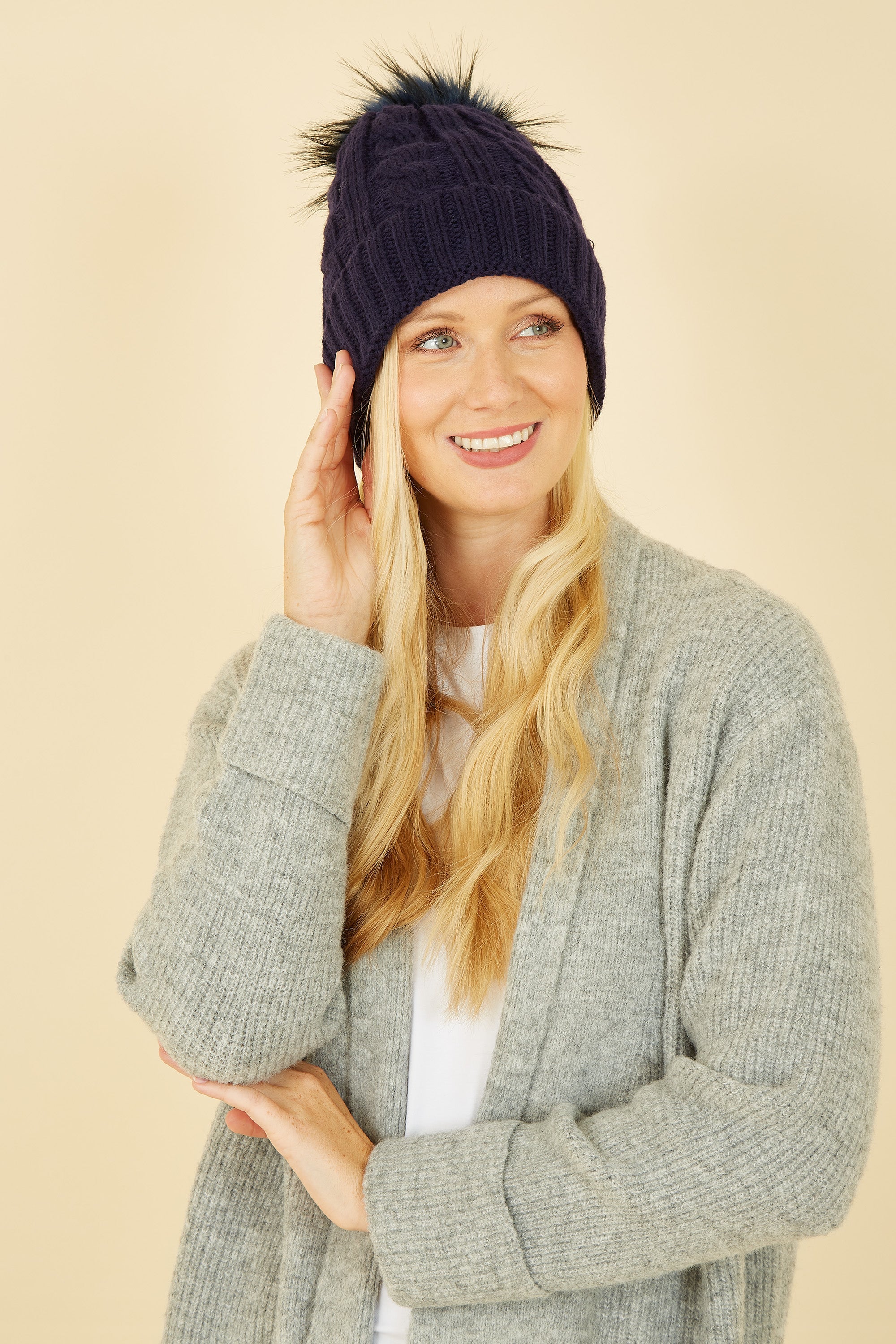Cable Knit Hat With Pom Pom