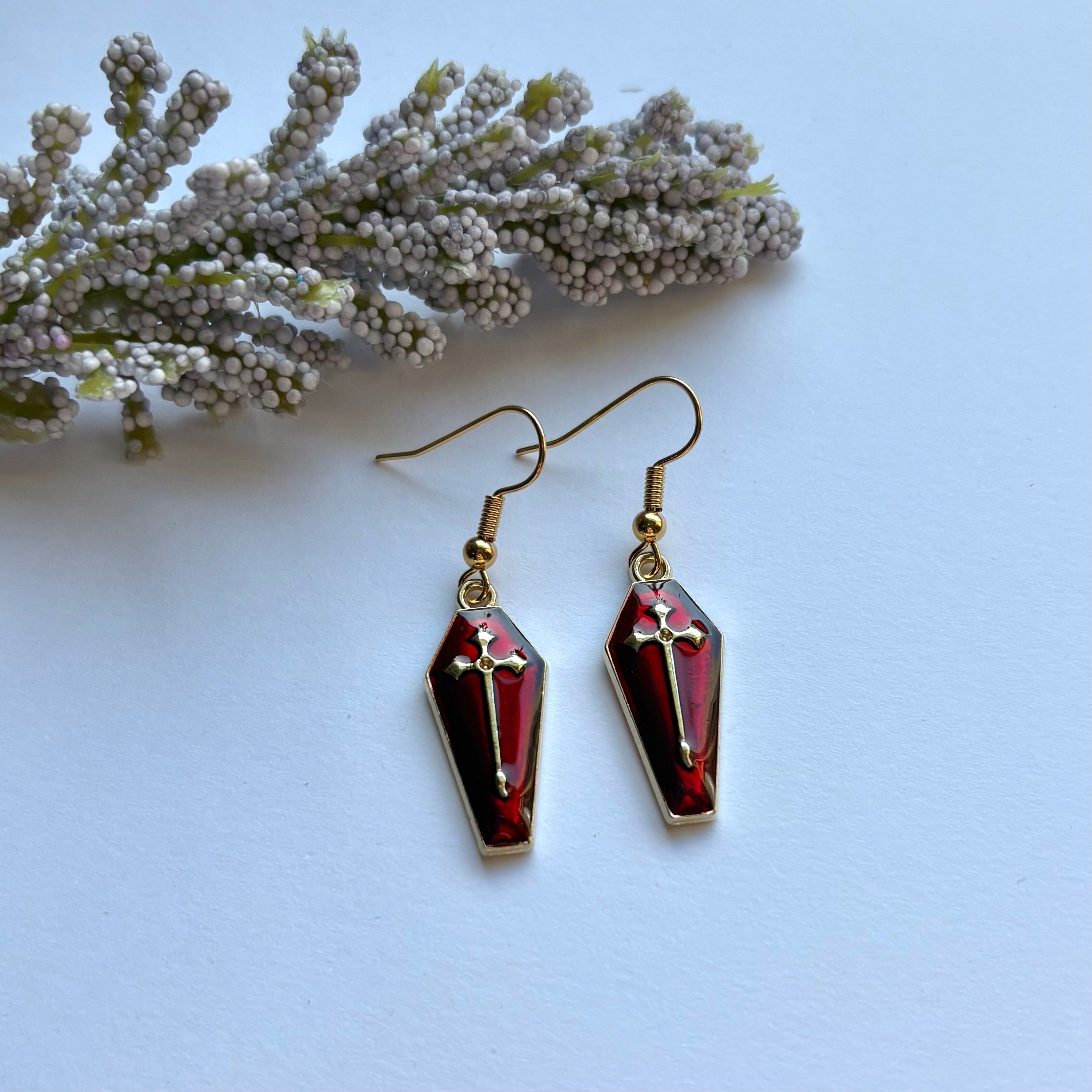 Dark red silver coffin with cross halloween dangle earrings