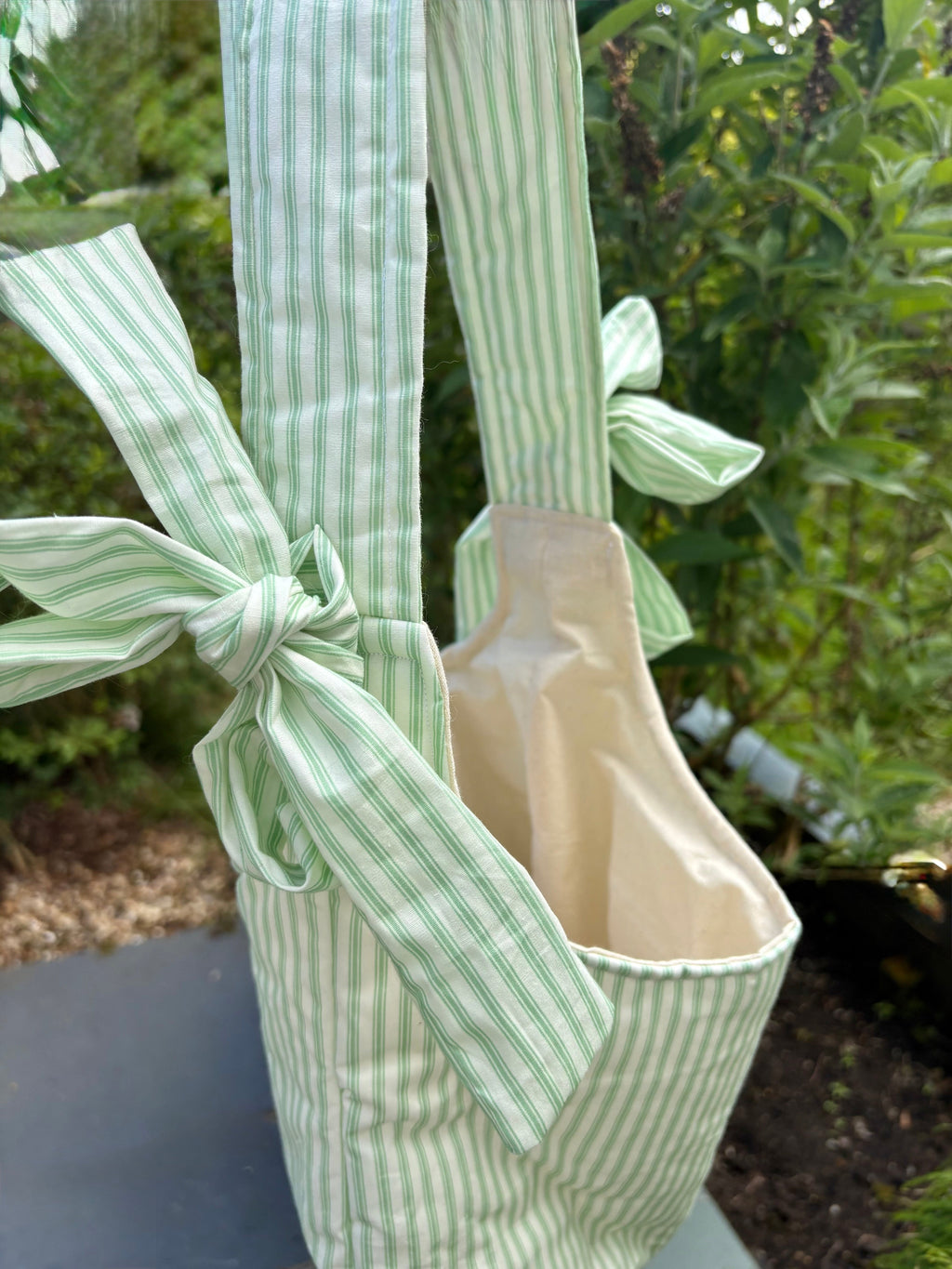 Handmade white and green stripe coquette padded tote bag with bows