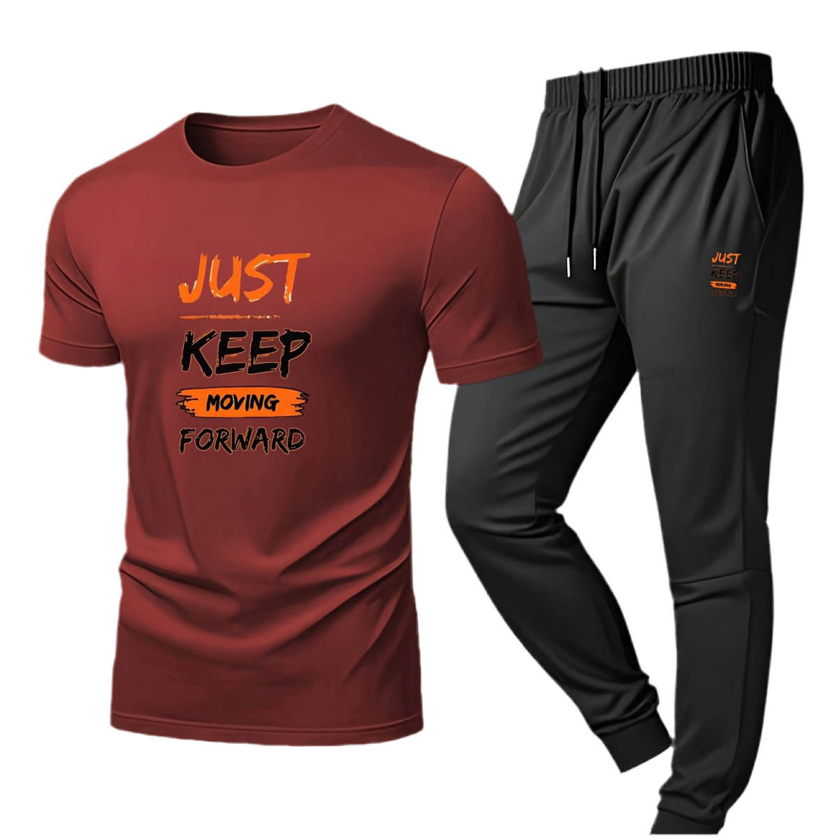 Men’s Breathable Athletic Set – White “Just Keep Moving” T-Shirt & Black Joggers