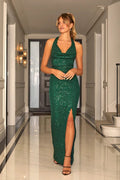 Amar Green Sequin Cowl Neck Maxi Dress