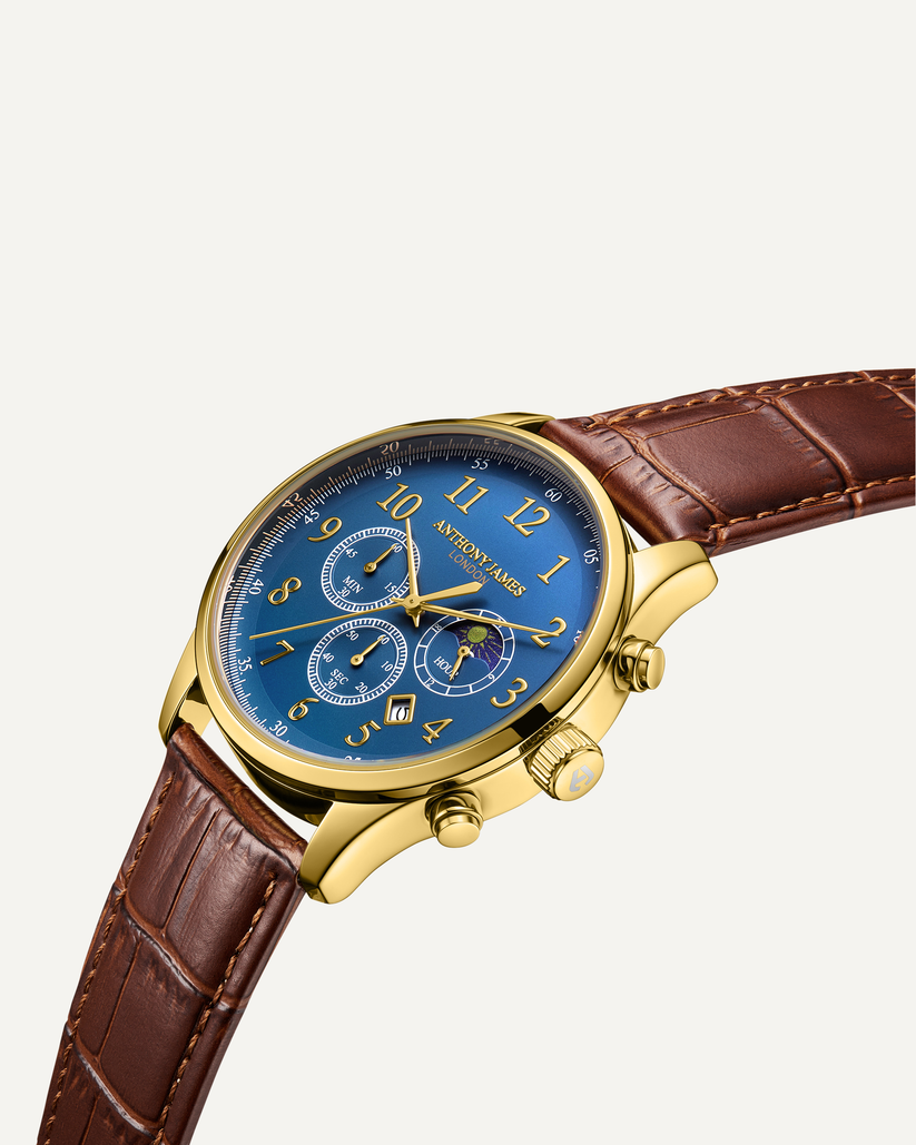 Hand Assembled Anthony James Limited Edition Moonphase Chronograph Gold Blue