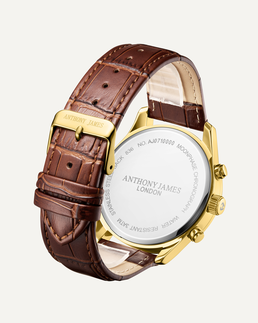 Hand Assembled Anthony James Limited Edition Moonphase Chronograph Gold Blue