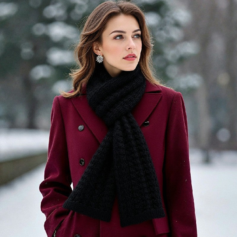 Scarf Women Winter Versatile Solid Color Thickened Woolen Knitted Scarf - Black