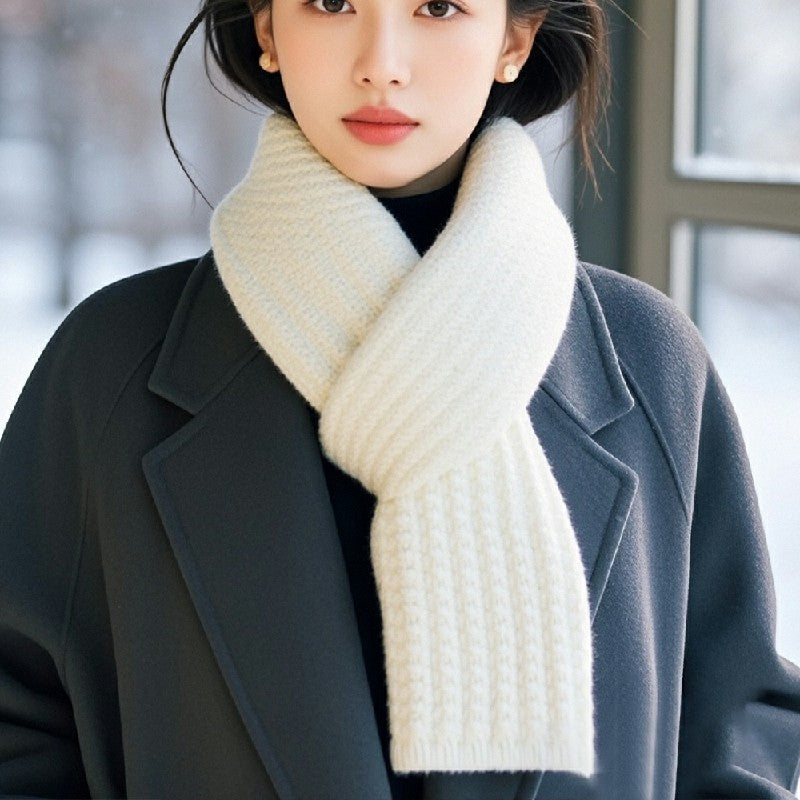 Scarf Women Winter Versatile Solid Color Thickened Woolen Knitted Scarf - Black