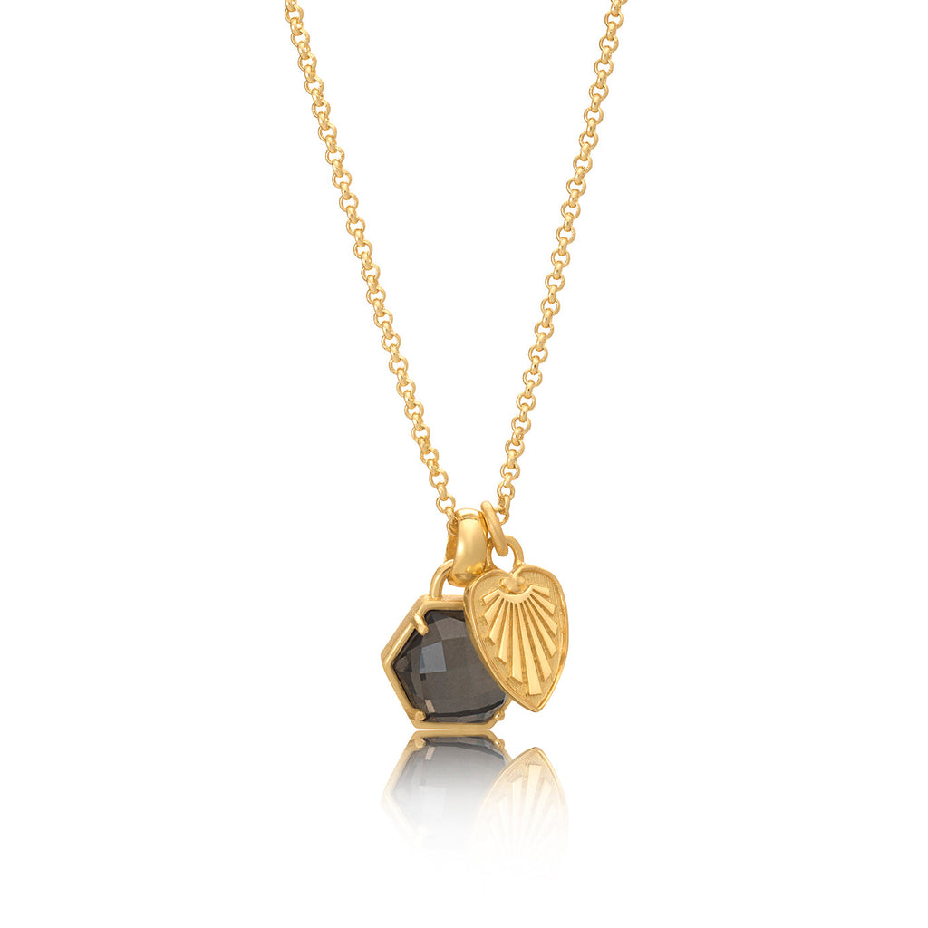 Thea Hexagon Gemstone and Palm Leaf Charm Necklace: Pyrite with Crystal