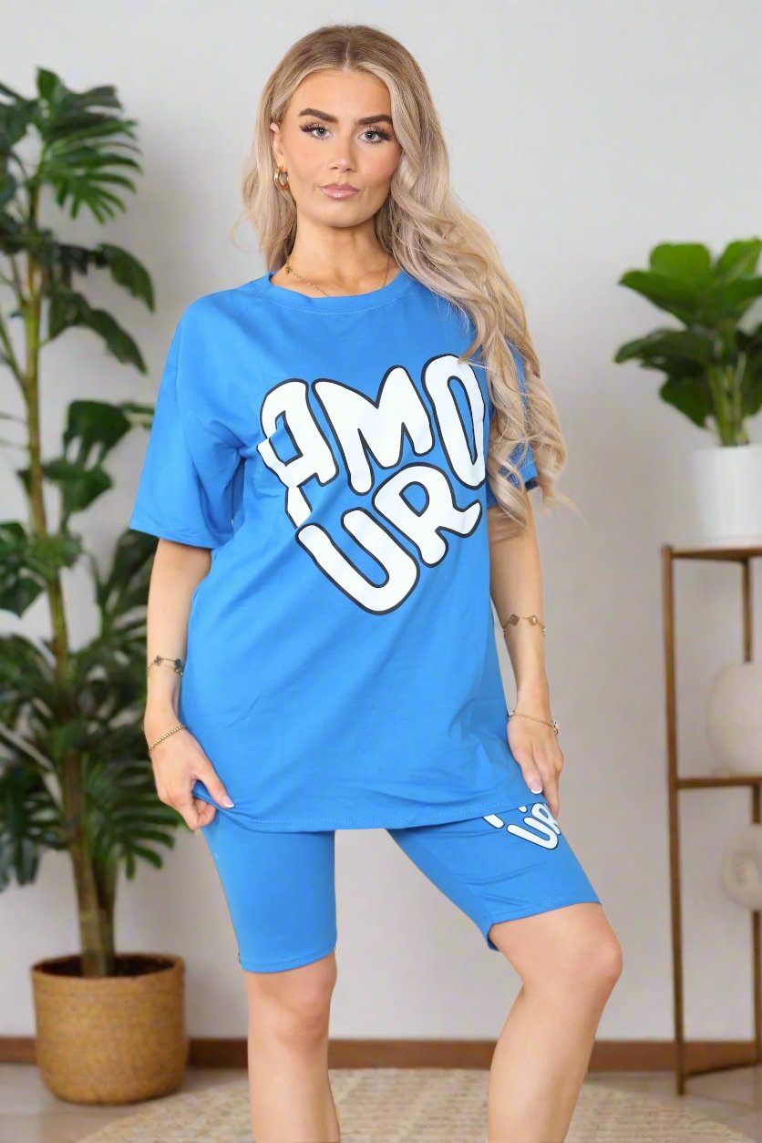 Cycling Short and T-Shirts Co-Ord Two Piece Side Slit Set with Front Printed Slogan