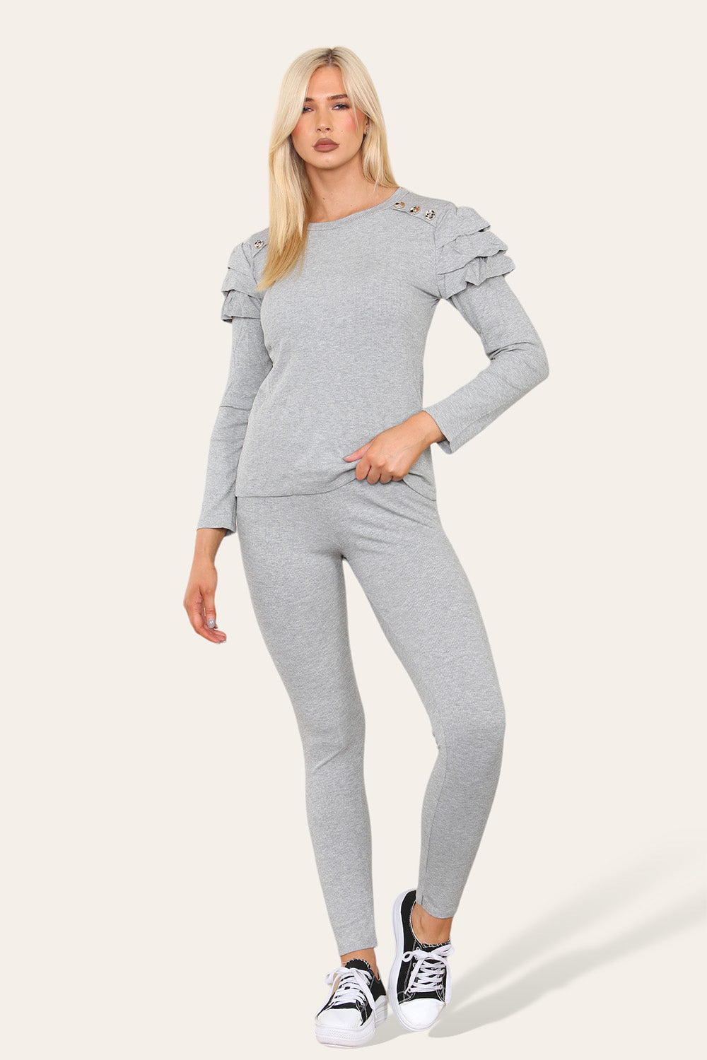 Frilled Sleeves Set Shoulder Golden Button Lounge Wear Suit