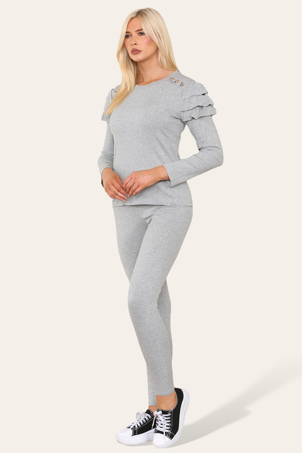 Frilled Sleeves Set Shoulder Golden Button Lounge Wear Suit