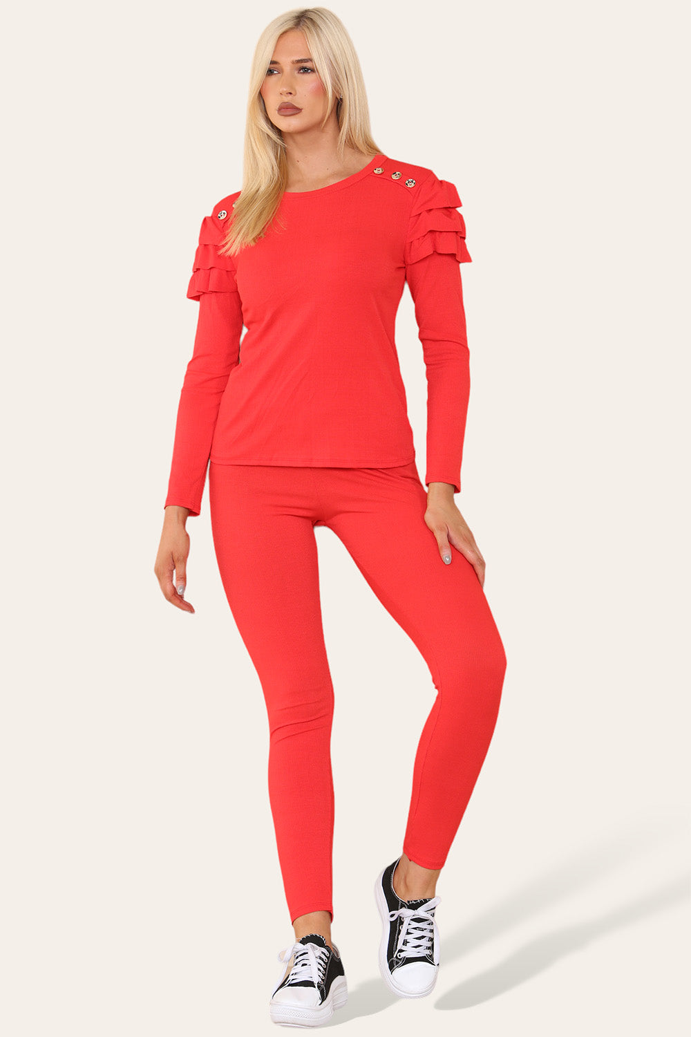 Frilled Sleeves Set Shoulder Golden Button Lounge Wear Suit