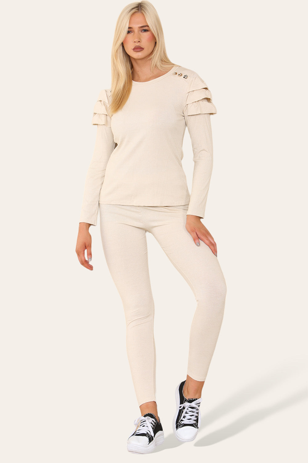 Frilled Sleeves Set Shoulder Golden Button Lounge Wear Suit