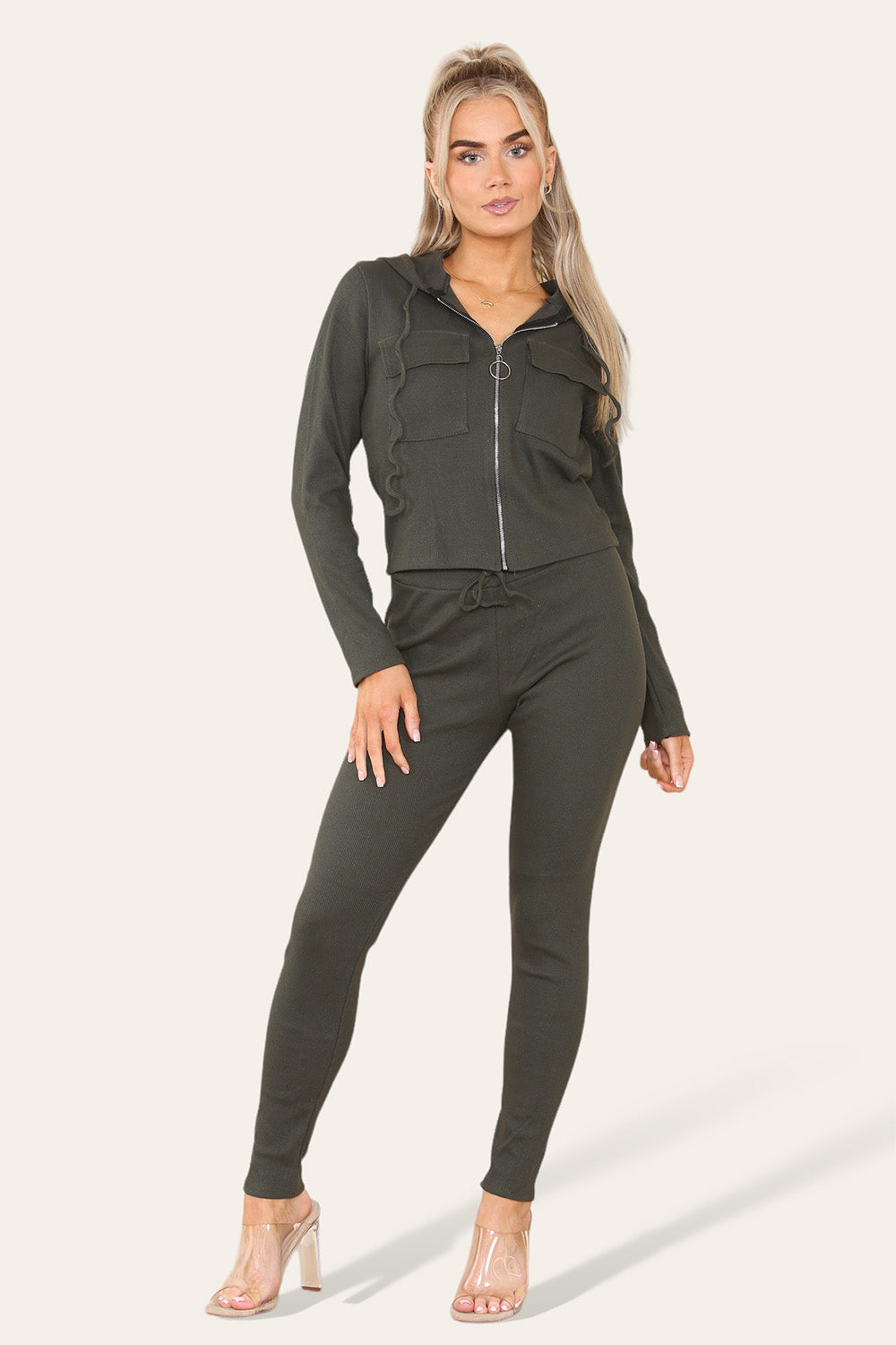 Front Pocket Zip Suit Ribbed Hooded Loungewear Set