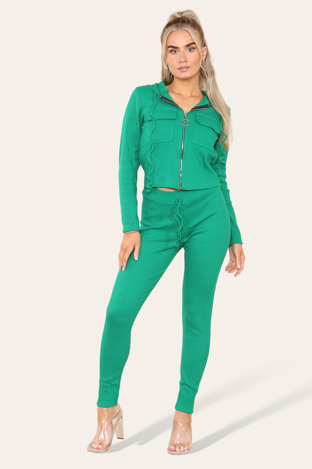 Front Pocket Zip Suit Ribbed Hooded Loungewear Set