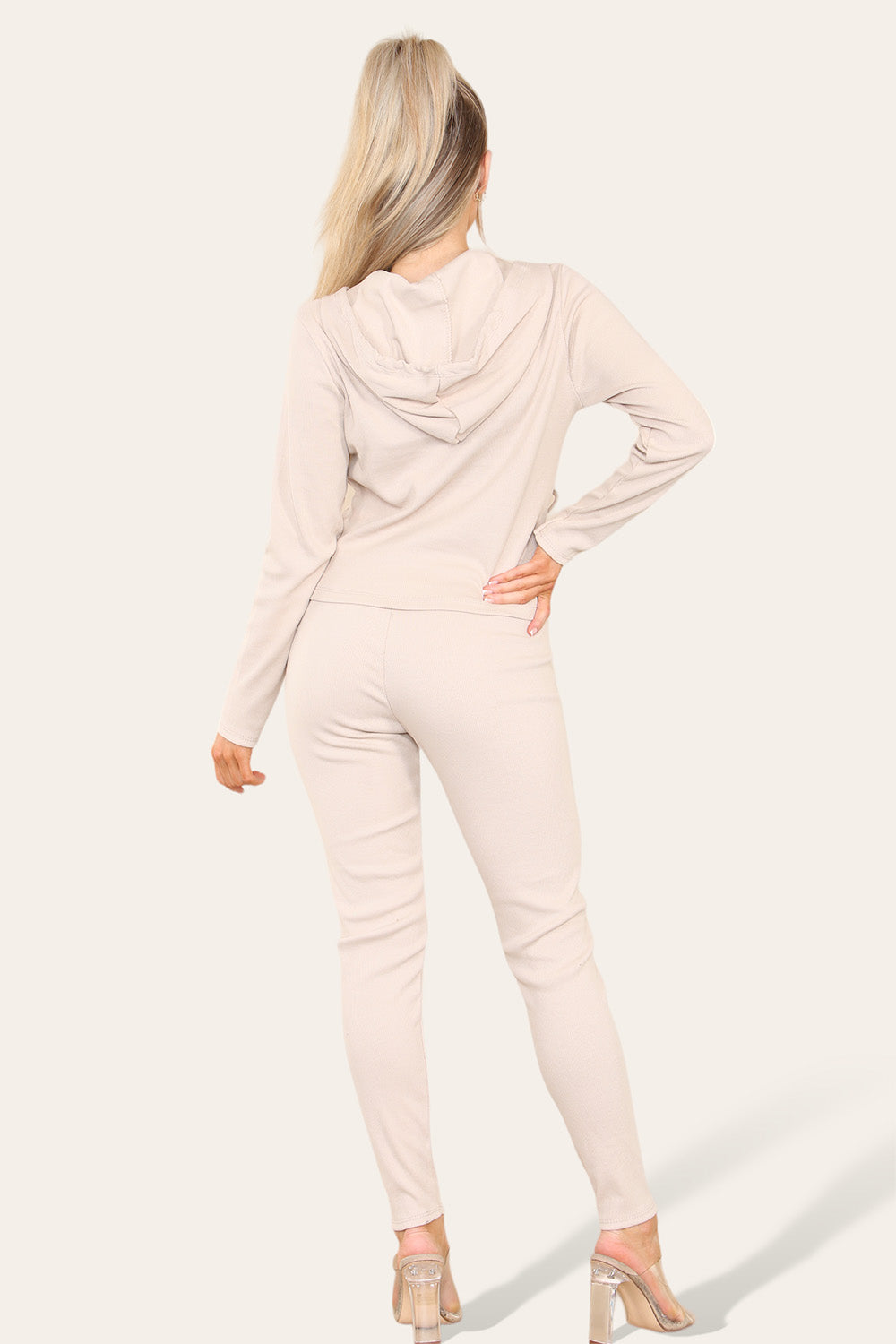 Front Pocket Zip Suit Ribbed Hooded Loungewear Set