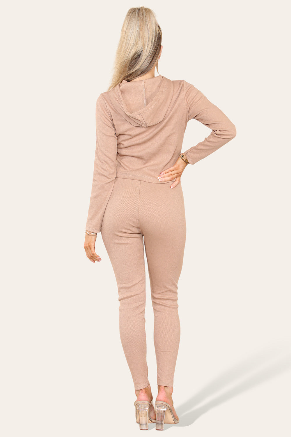 Front Pocket Zip Suit Ribbed Hooded Loungewear Set