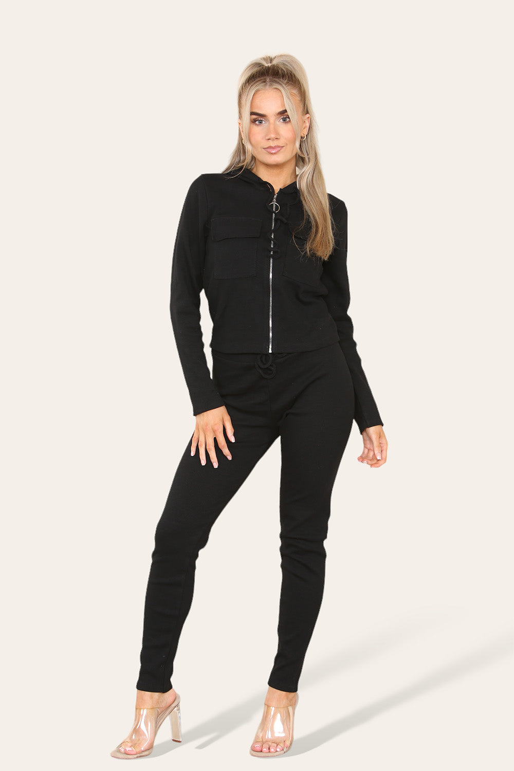 Front Pocket Zip Suit Ribbed Hooded Loungewear Set