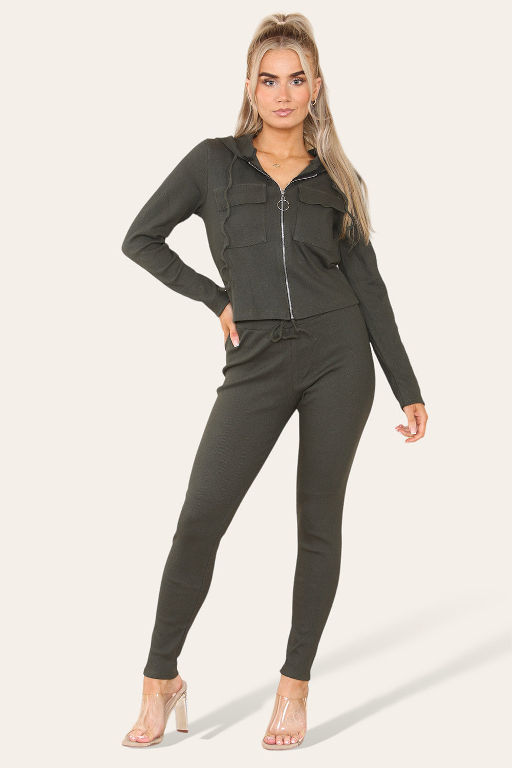 Front Pocket Zip Suit Ribbed Hooded Loungewear Set