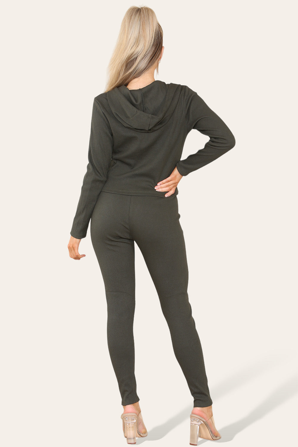 Front Pocket Zip Suit Ribbed Hooded Loungewear Set