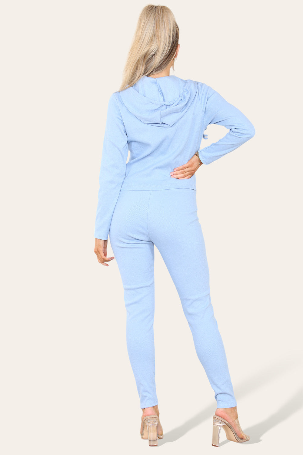 Front Pocket Zip Suit Ribbed Hooded Loungewear Set