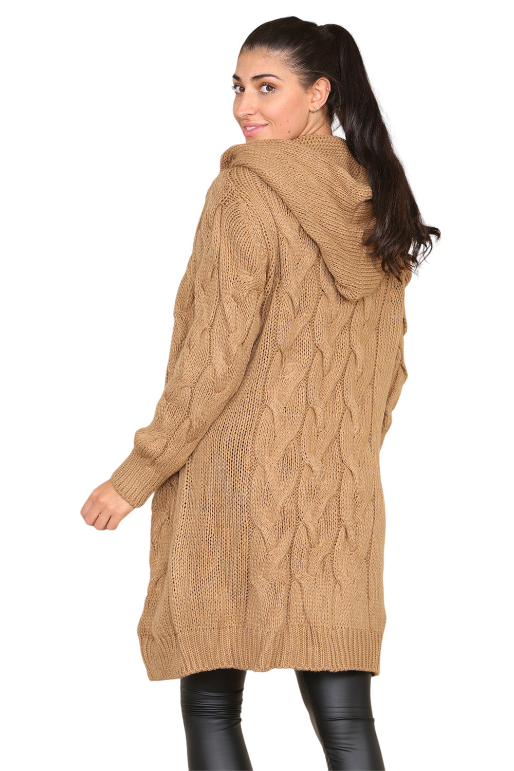 Knitted Cables Hooded Long Over Sized Cardigan