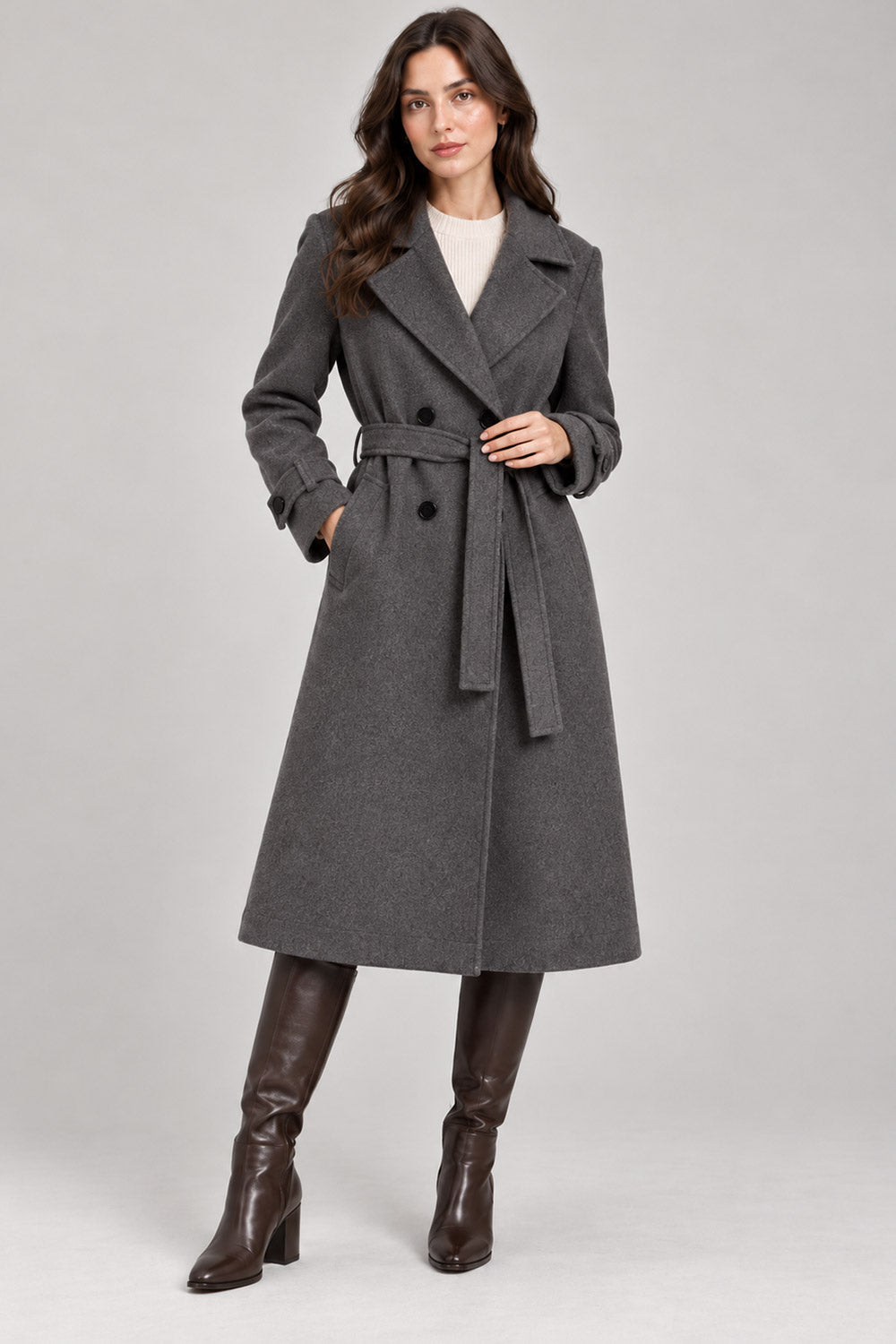Ladies Long Button on Sleeve Side pockets Belted Button Coat Women’s Jacket