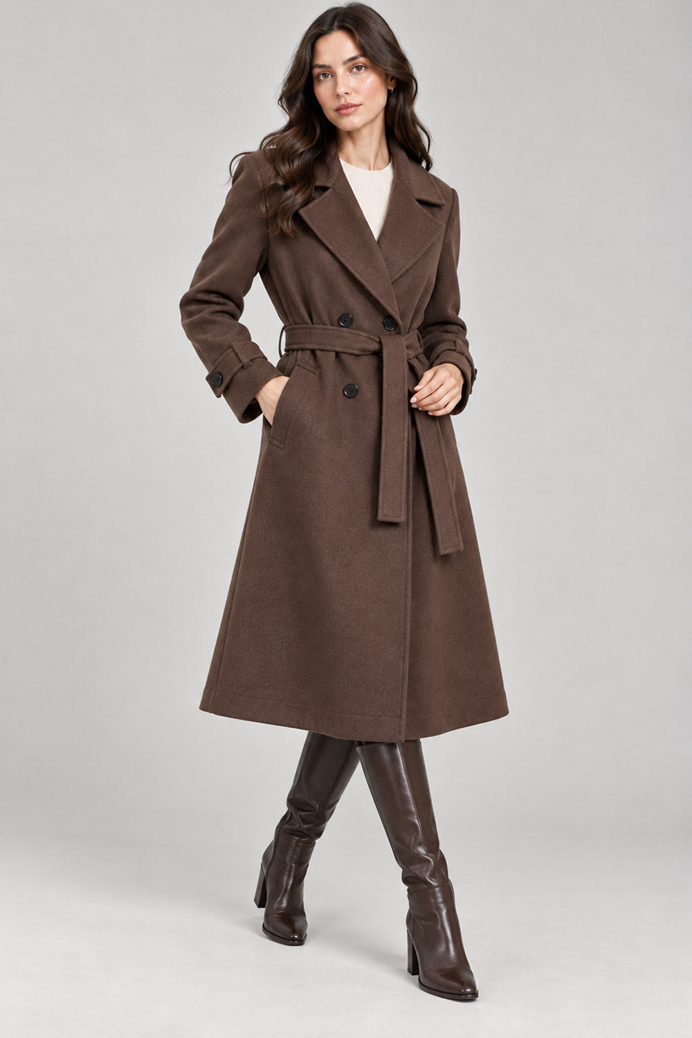 Ladies Long Button on Sleeve Side pockets Belted Button Coat Women’s Jacket