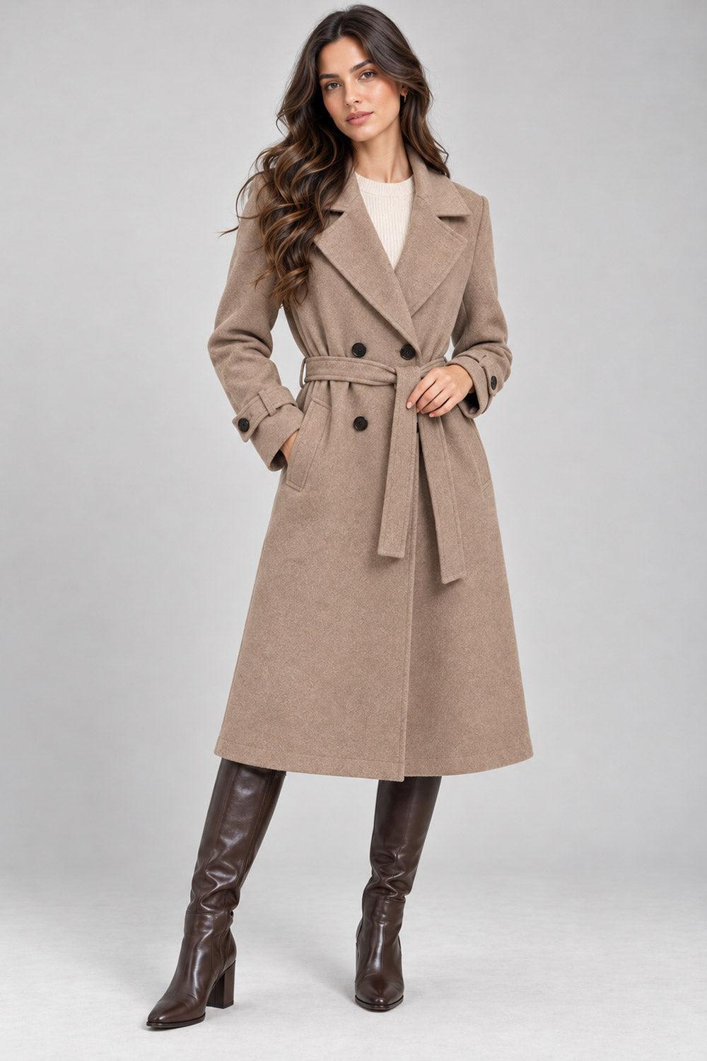 Ladies Long Button on Sleeve Side pockets Belted Button Coat Women’s Jacket