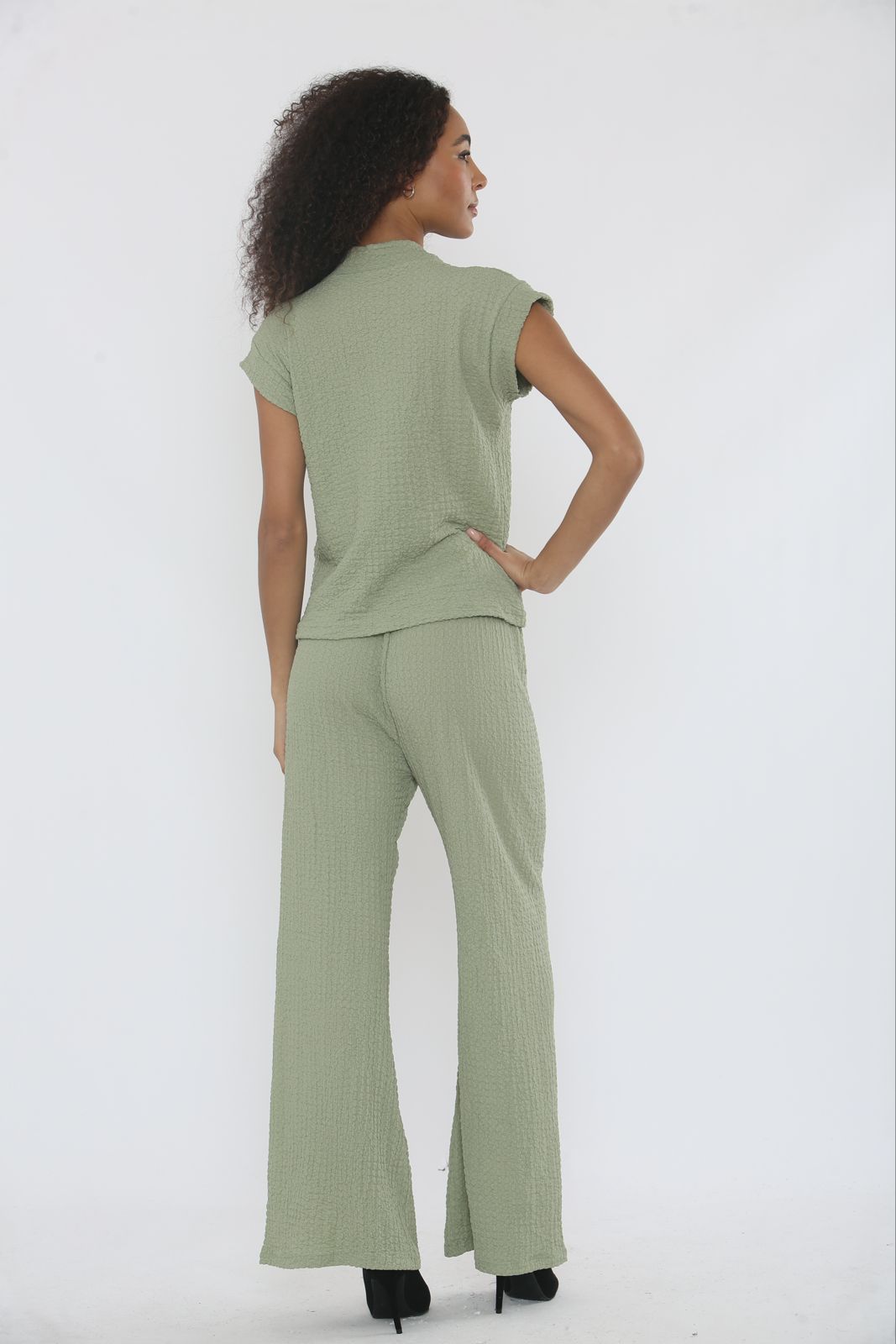 V-Neck Cheesecloth Gold Button Top & Wide Leg Trouser Co-Ord Suit