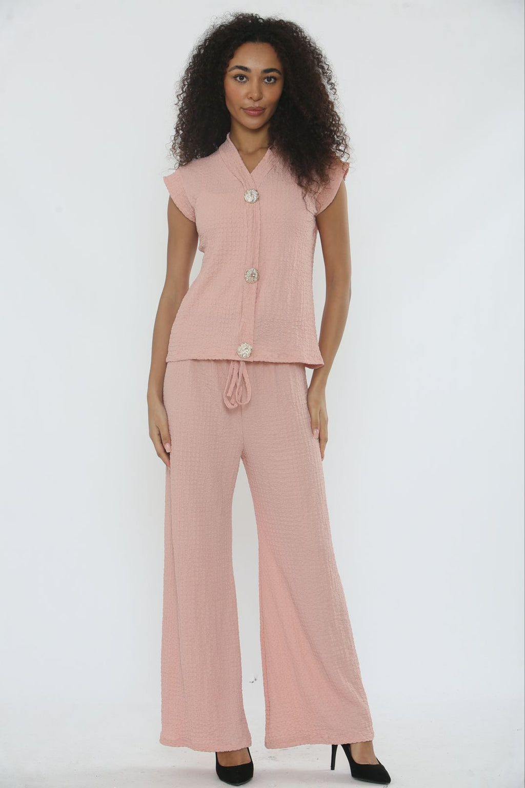V-Neck Cheesecloth Gold Button Top & Wide Leg Trouser Co-Ord Suit