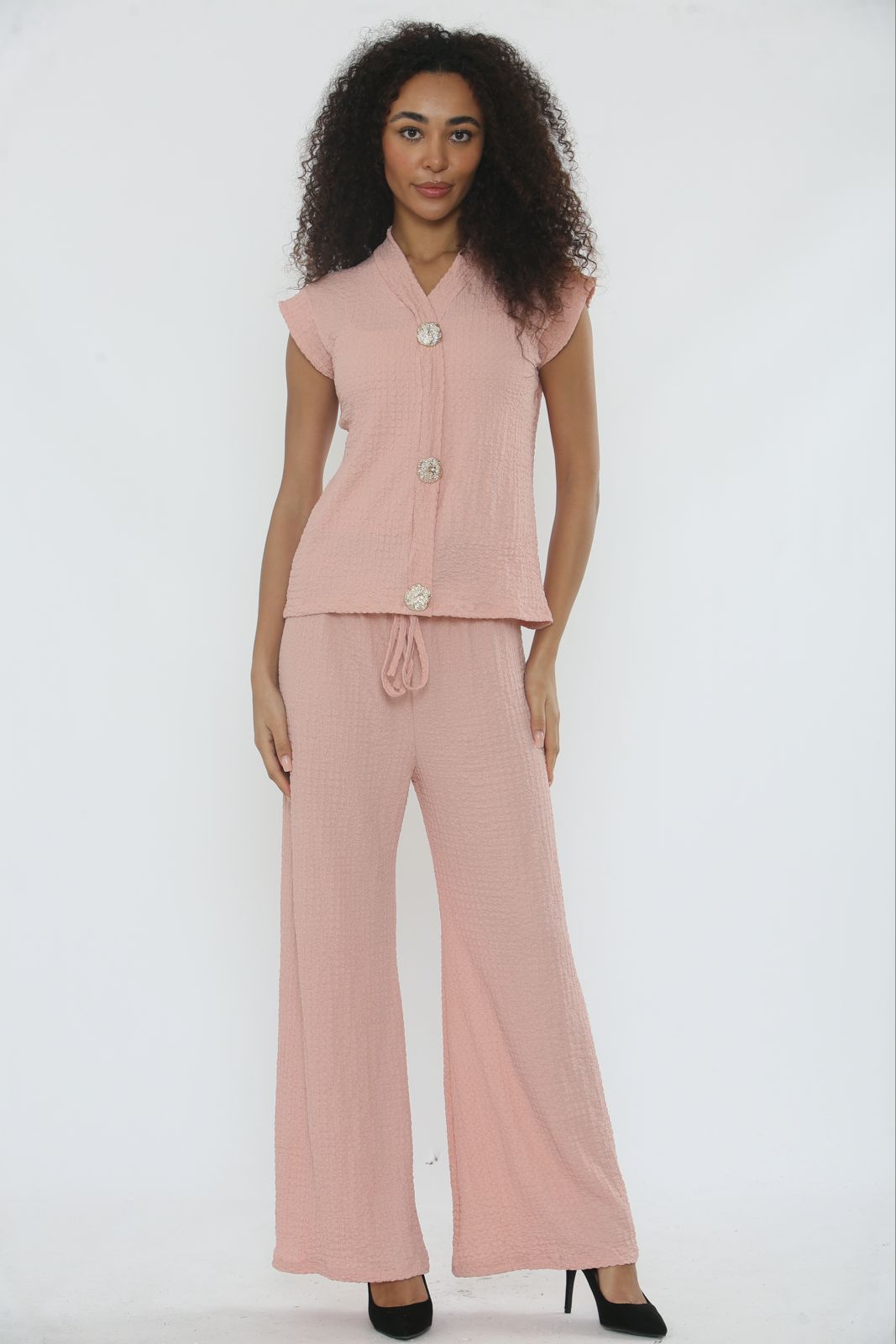 V-Neck Cheesecloth Gold Button Top & Wide Leg Trouser Co-Ord Suit