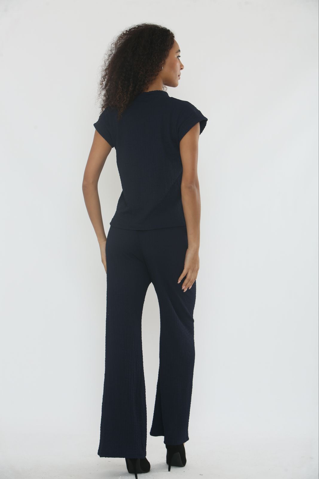 V-Neck Cheesecloth Gold Button Top & Wide Leg Trouser Co-Ord Suit