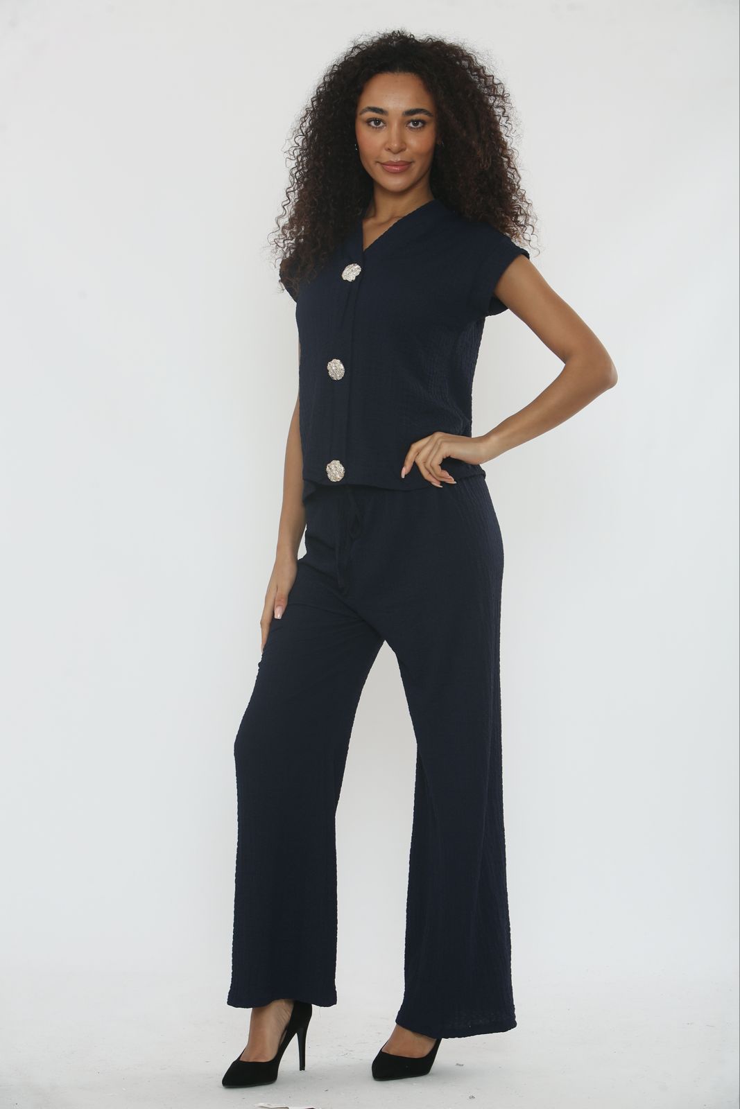 V-Neck Cheesecloth Gold Button Top & Wide Leg Trouser Co-Ord Suit