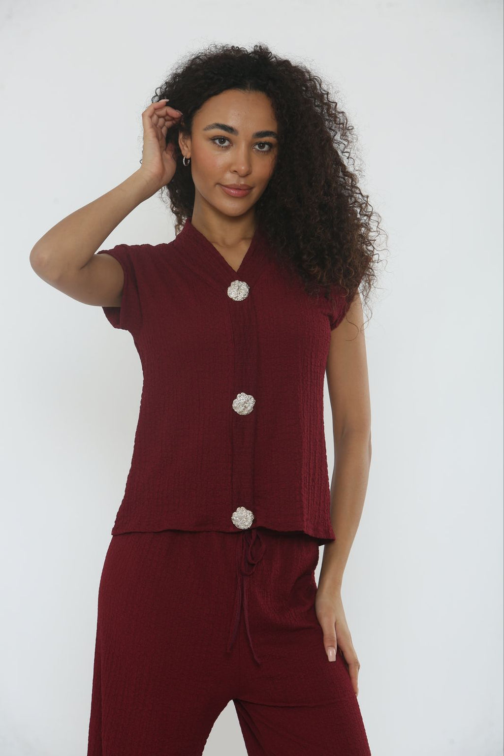 V-Neck Cheesecloth Gold Button Top & Wide Leg Trouser Co-Ord Suit