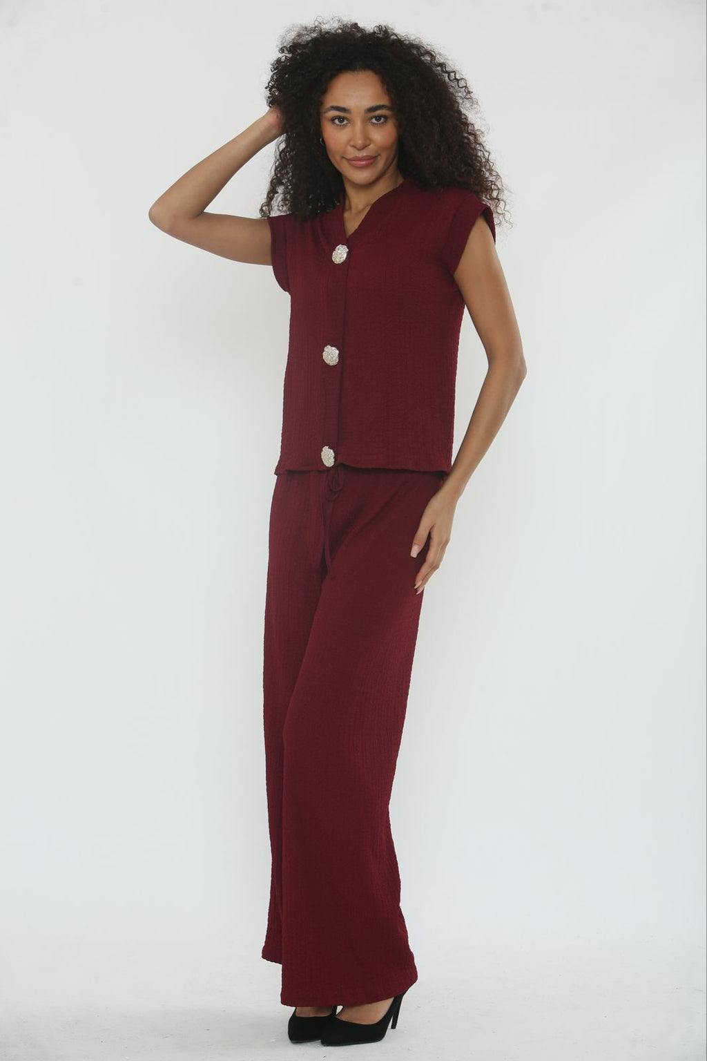 V-Neck Cheesecloth Gold Button Top & Wide Leg Trouser Co-Ord Suit