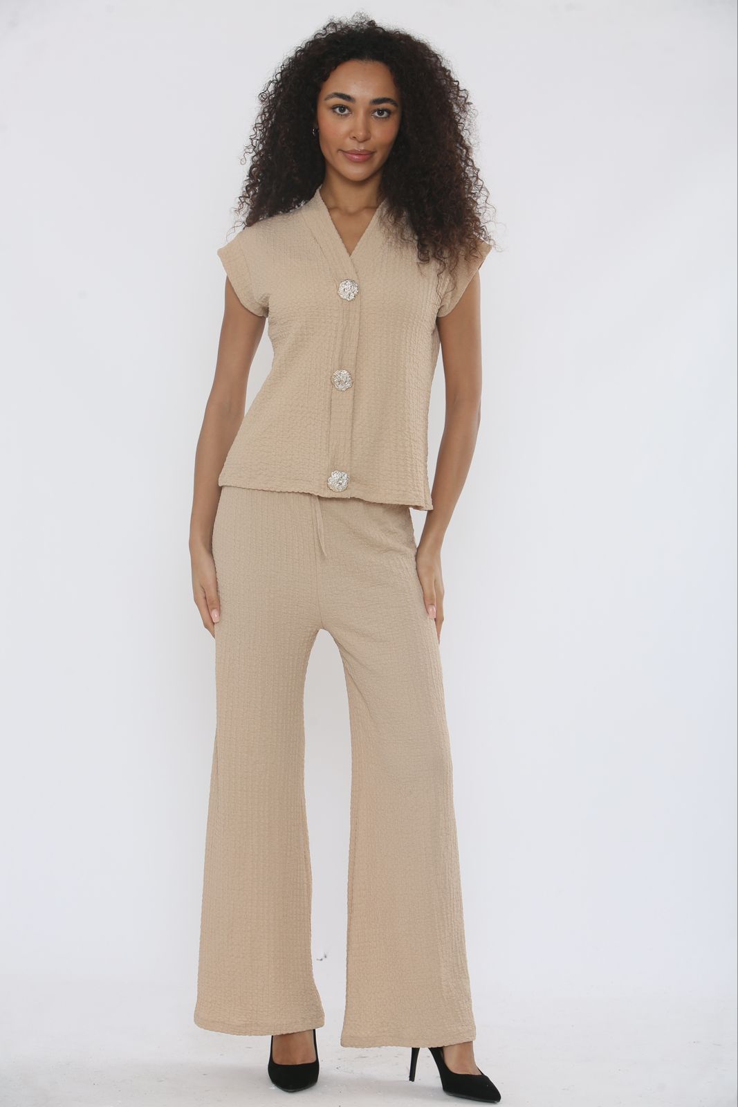V-Neck Cheesecloth Gold Button Top & Wide Leg Trouser Co-Ord Suit
