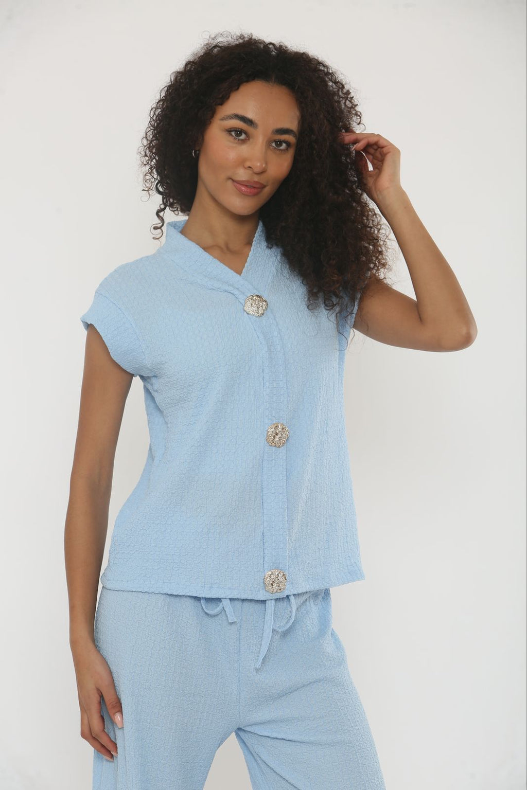 V-Neck Cheesecloth Gold Button Top & Wide Leg Trouser Co-Ord Suit