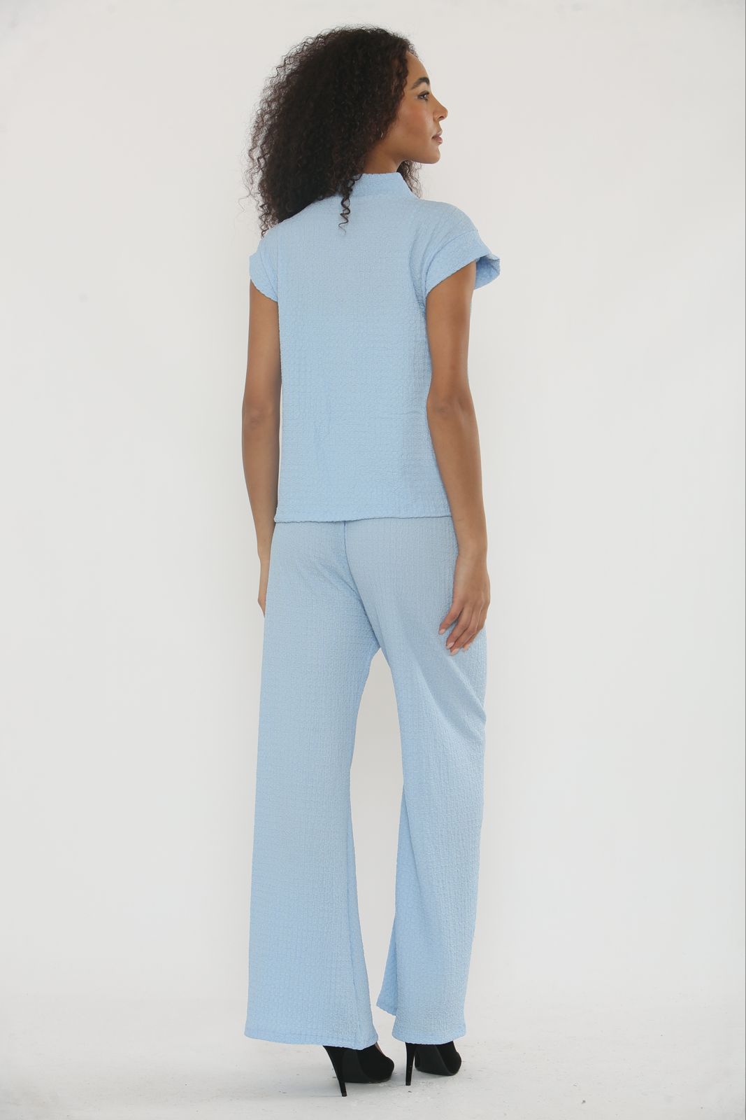 V-Neck Cheesecloth Gold Button Top & Wide Leg Trouser Co-Ord Suit