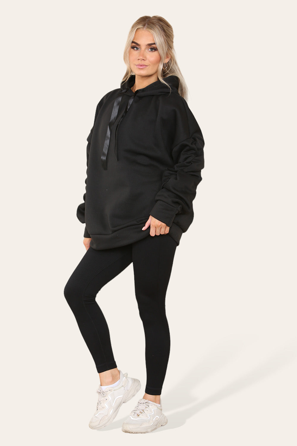 Plus Size Ruched Sleeves Hoodie With Satin Ribbon Legging Set