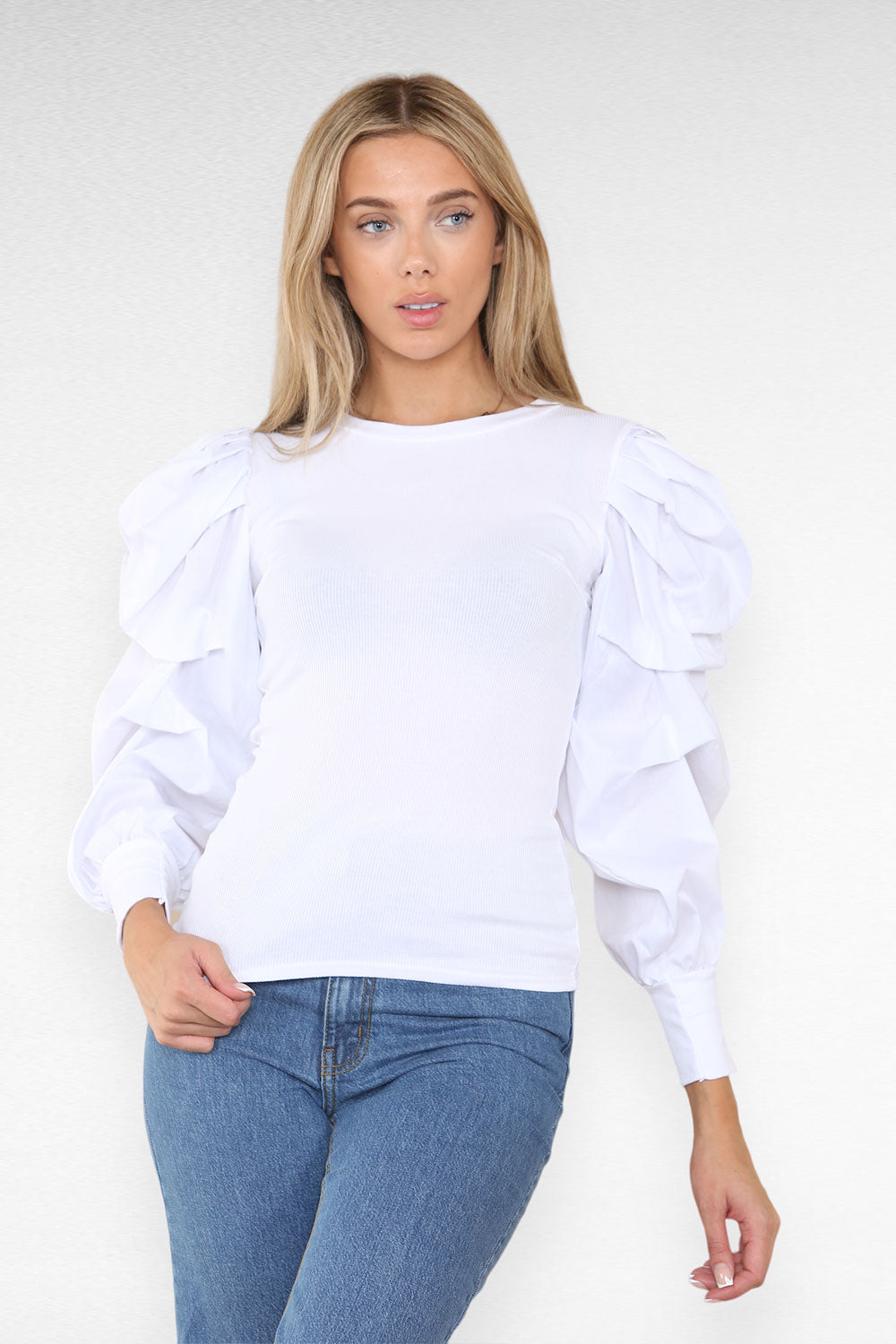 Oversized Puff Sleeves Ribbed Top