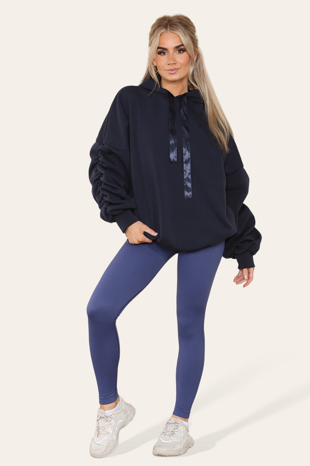 Plus Size Ruched Sleeves Hoodie With Satin Ribbon Legging Set