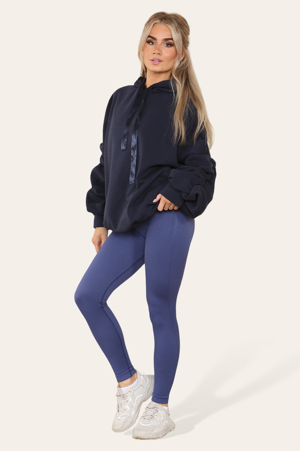 Plus Size Ruched Sleeves Hoodie With Satin Ribbon Legging Set