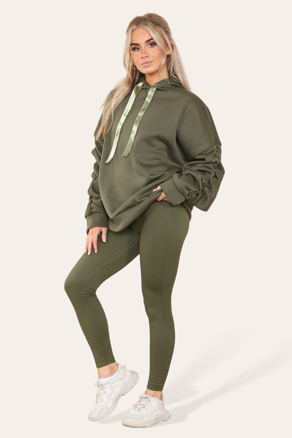 Plus Size Ruched Sleeves Hoodie With Satin Ribbon Legging Set