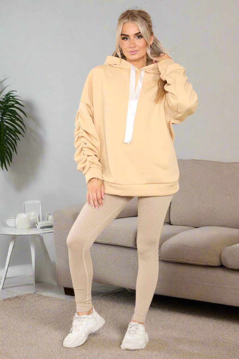 Plus Size Ruched Sleeves Hoodie With Satin Ribbon Legging Set