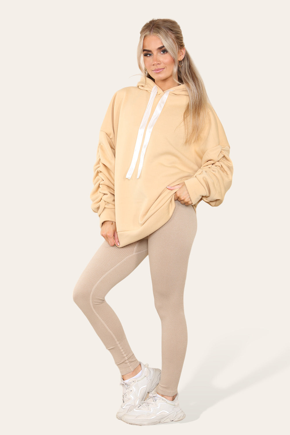 Plus Size Ruched Sleeves Hoodie With Satin Ribbon Legging Set