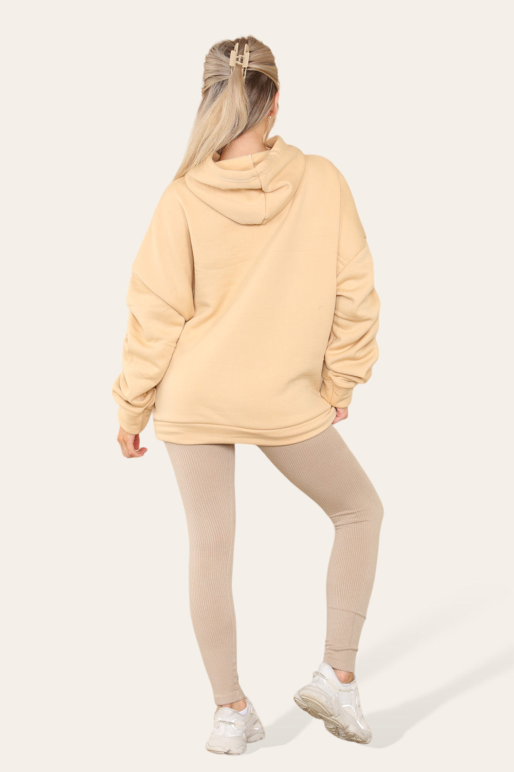 Plus Size Ruched Sleeves Hoodie With Satin Ribbon Legging Set