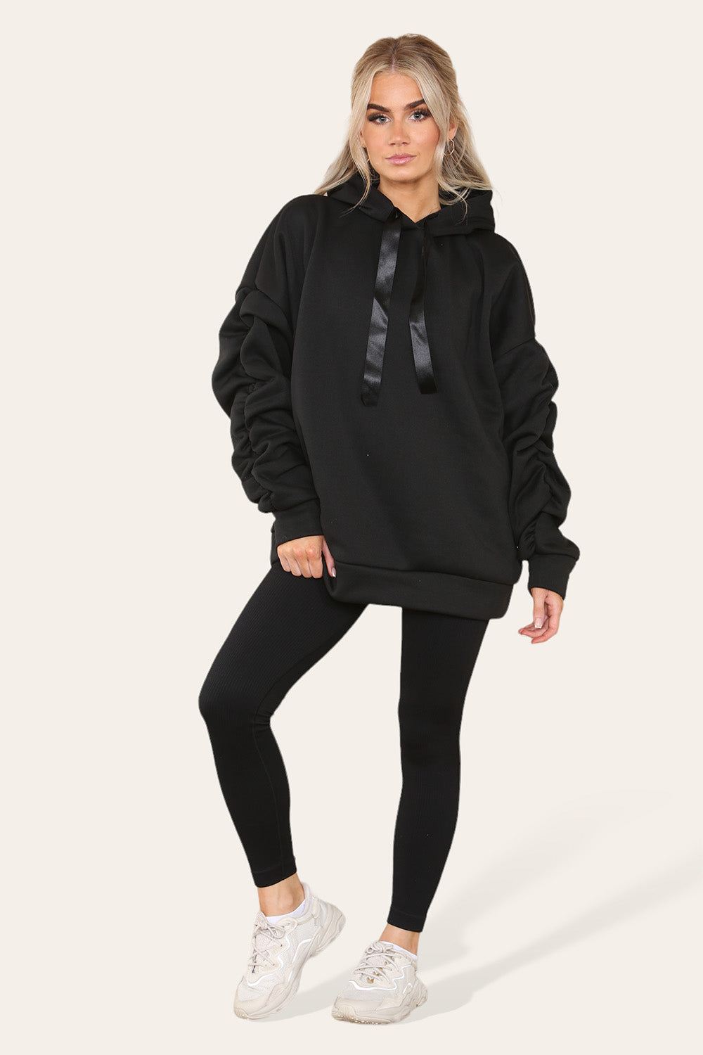Plus Size Ruched Sleeves Hoodie With Satin Ribbon Legging Set