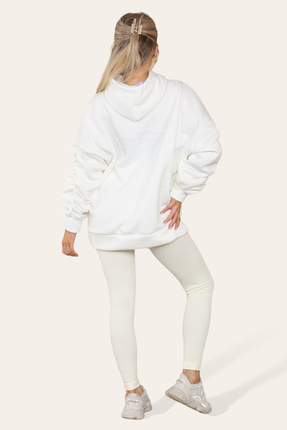 Plus Size Ruched Sleeves Hoodie With Satin Ribbon Legging Set