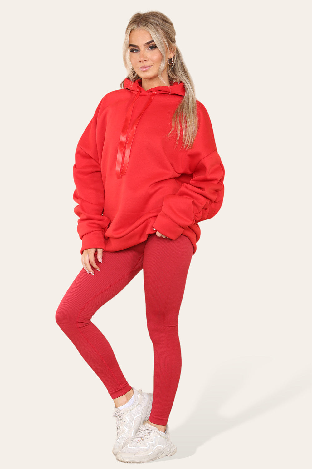 Plus Size Ruched Sleeves Hoodie With Satin Ribbon Legging Set